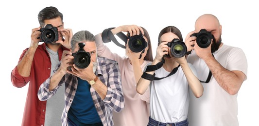 Image of Group of professional photographers with cameras on white background. Banner design
