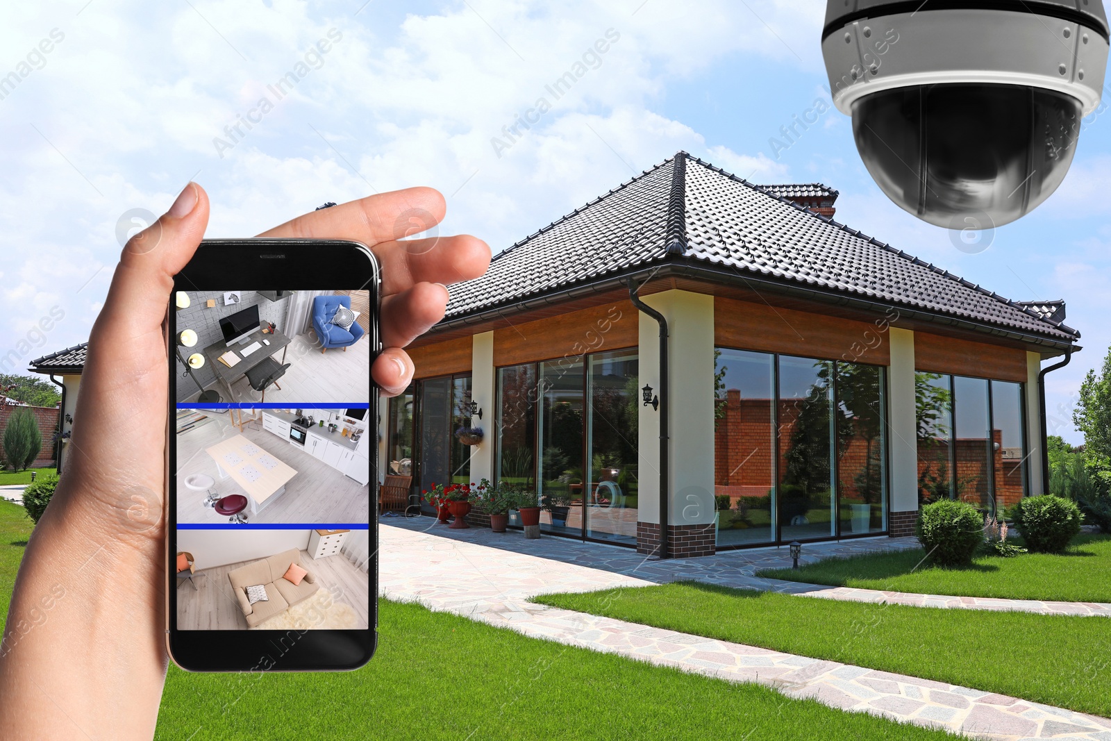 Image of Home security system. Woman monitoring CCTV cameras on smartphone near her house, closeup