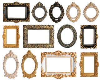 Image of Set of different old fashioned frames on white background