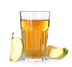 Photo of Glass of apple juice and fresh fruit on white background