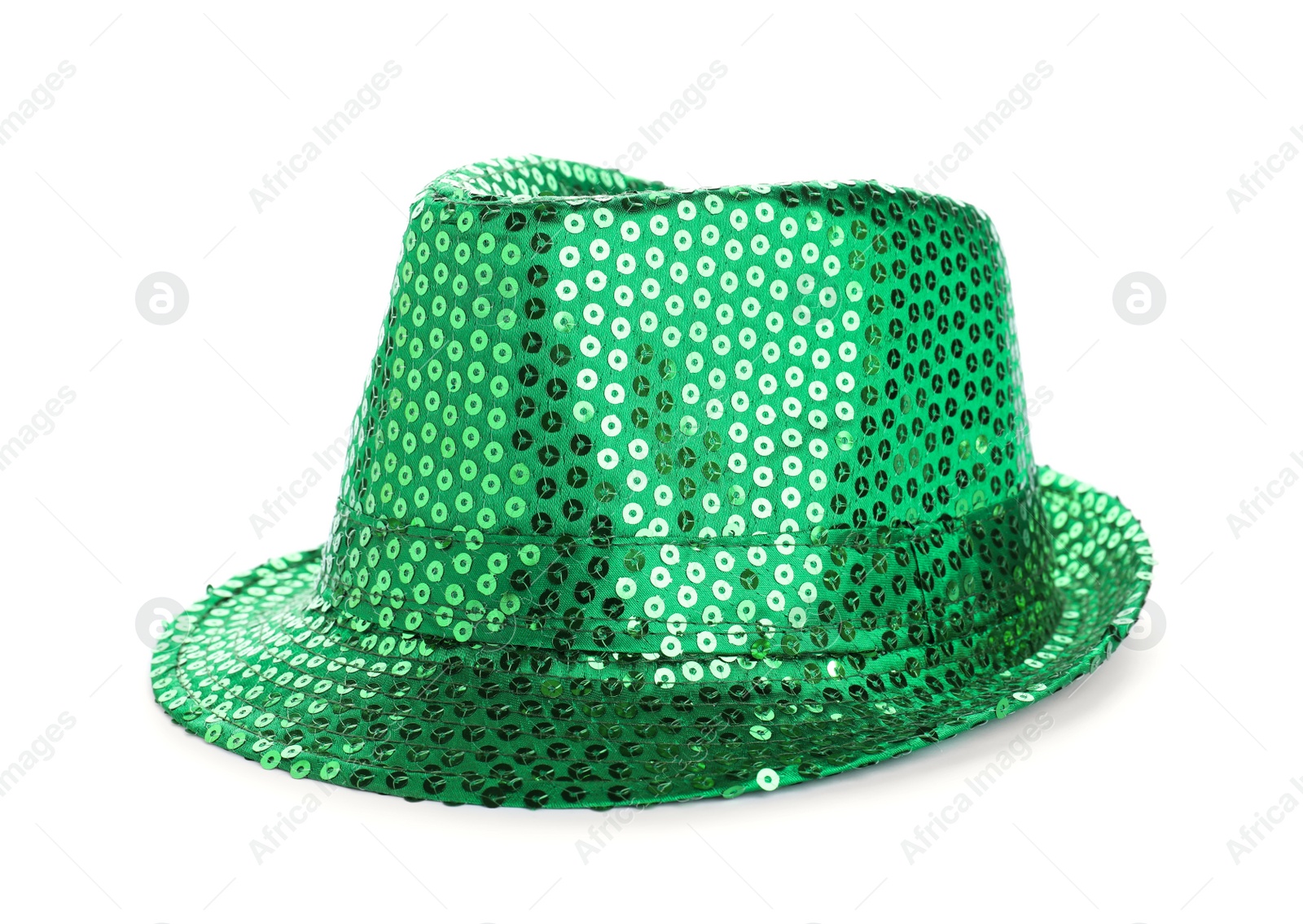 Photo of Green leprechaun hat isolated on white. St. Patrick's Day celebration