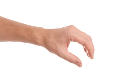 Photo of Man holding something in hand on white background, closeup