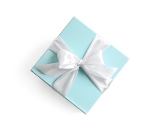 Photo of Gift box with ribbon on white background, top view