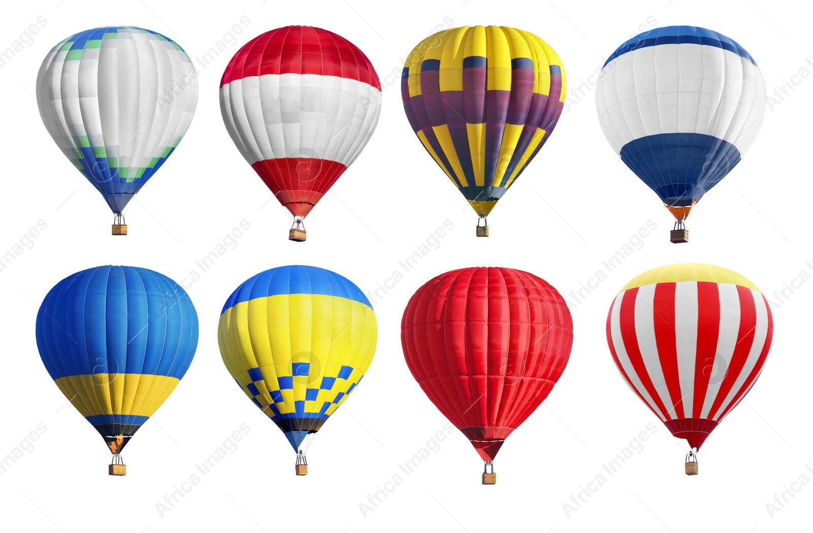 Image of Bright hot-air balloons on white background, set