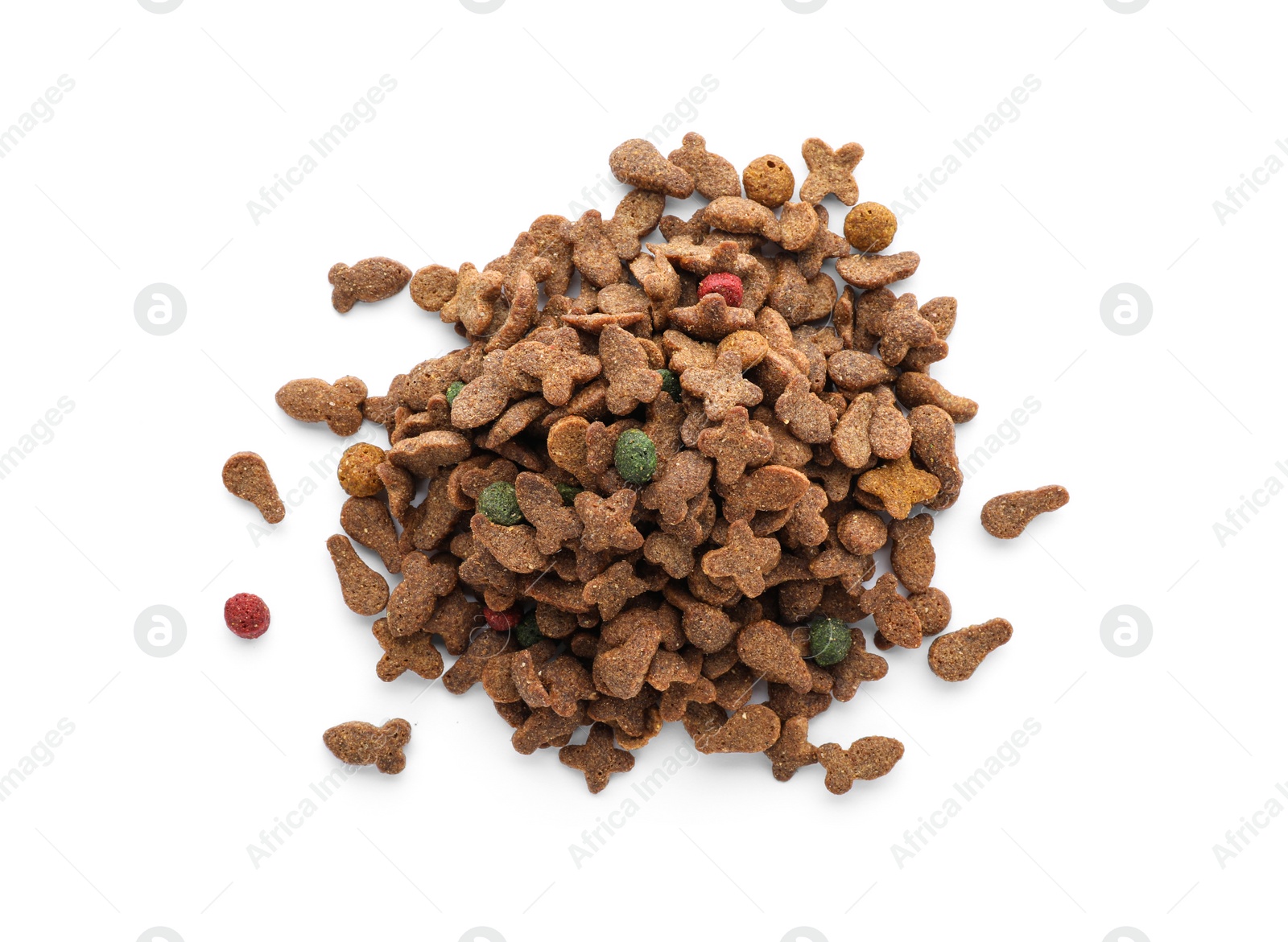 Photo of Pile of dry pet food on white background, top view