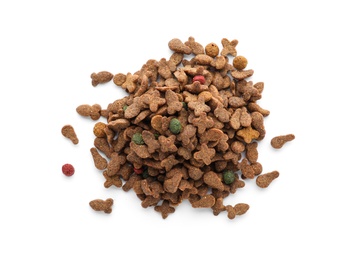Pile of dry pet food on white background, top view