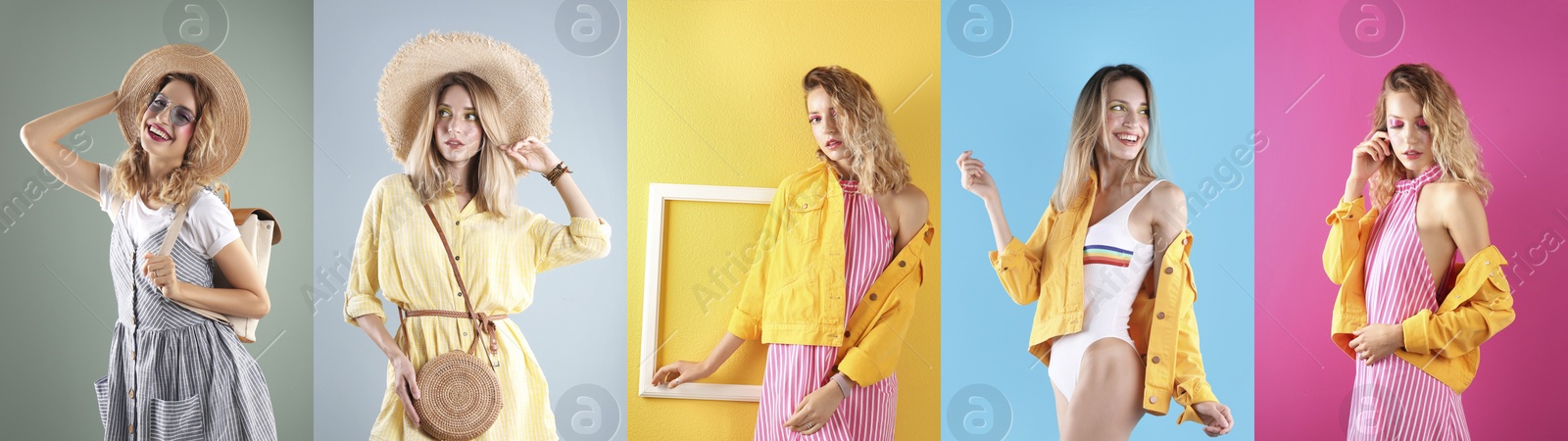 Image of Collage of beautiful young woman posing on different color backgrounds. Banner design 