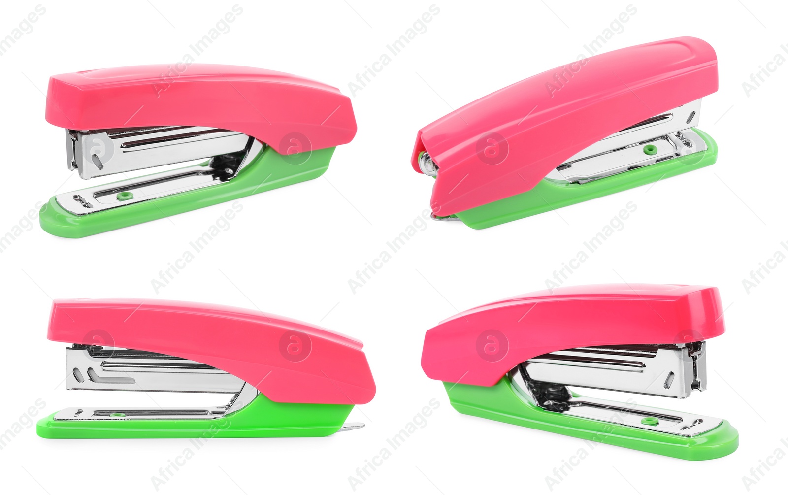 Image of Pink and green stapler isolated on white, different sides