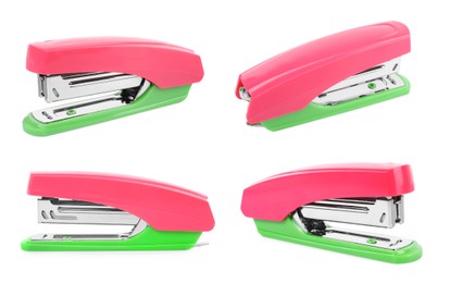 Image of Pink and green stapler isolated on white, different sides