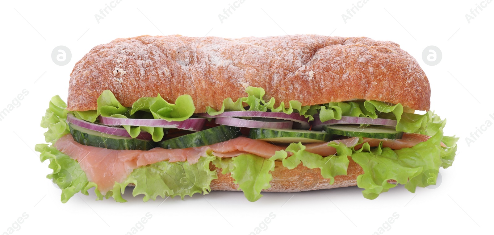 Photo of Delicious sandwich with fresh vegetables and salmon isolated on white