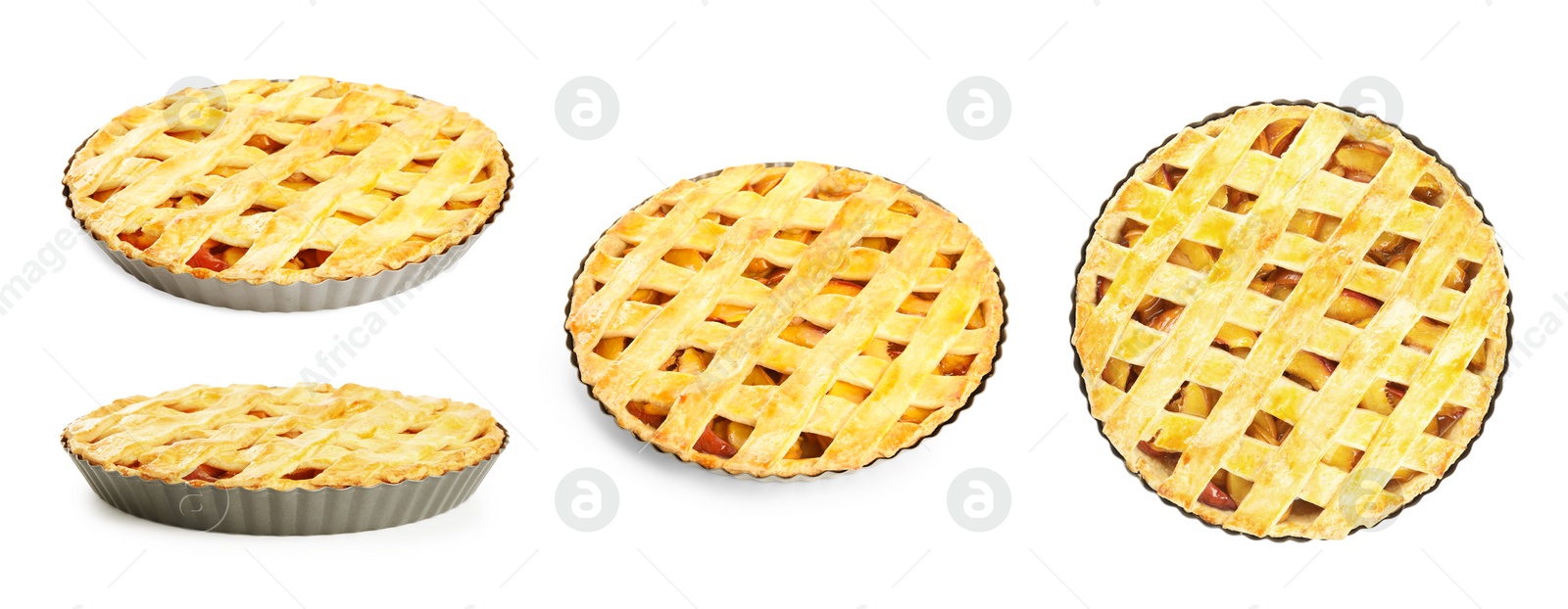 Image of Collage with delicious peach pie on white background, different sides