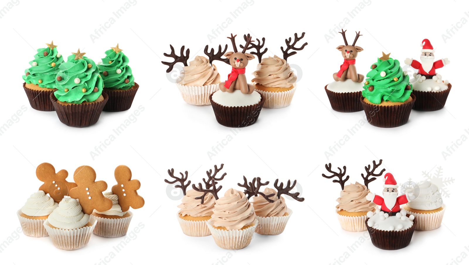 Image of Tasty cupcakes with Christmas decor on white background, collage. Banner design