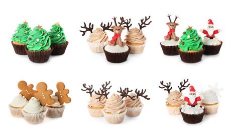 Image of Tasty cupcakes with Christmas decor on white background, collage. Banner design