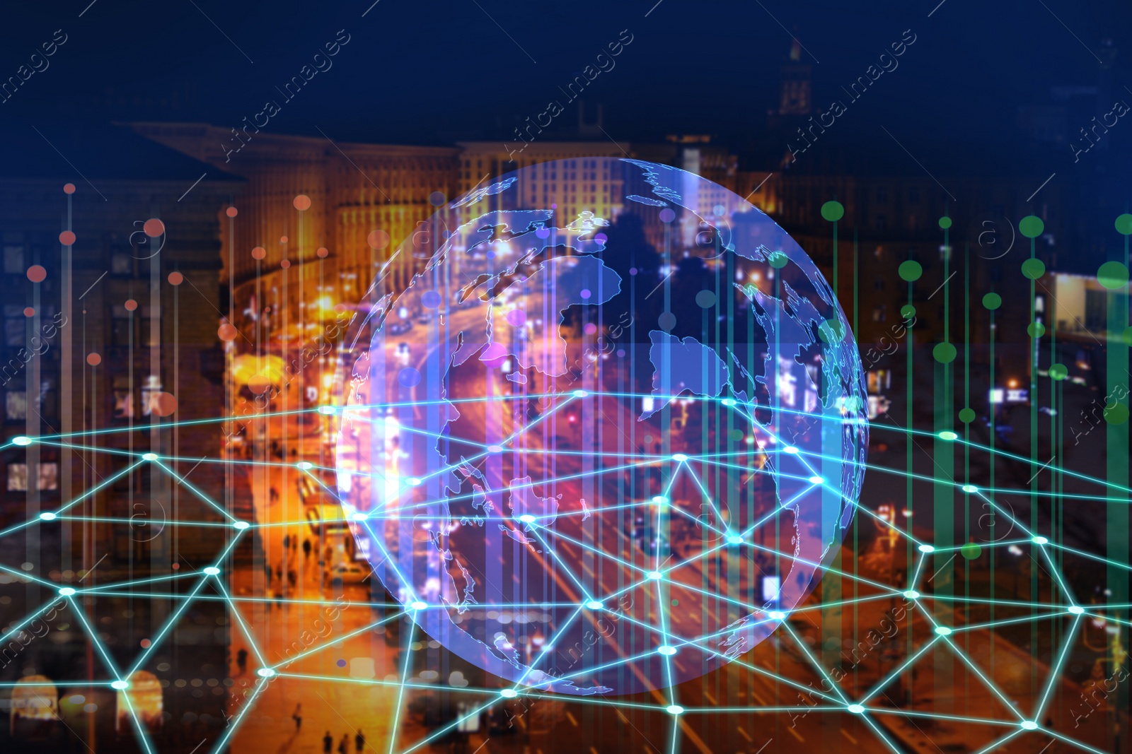 Image of Global communication technology concept. World globe and network illustrations on city background
