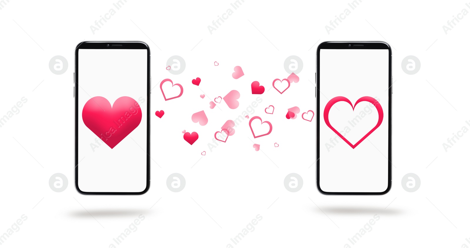 Image of Love in long distance relationship. Many hearts between mobile phones on white background