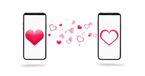 Image of Love in long distance relationship. Many hearts between mobile phones on white background