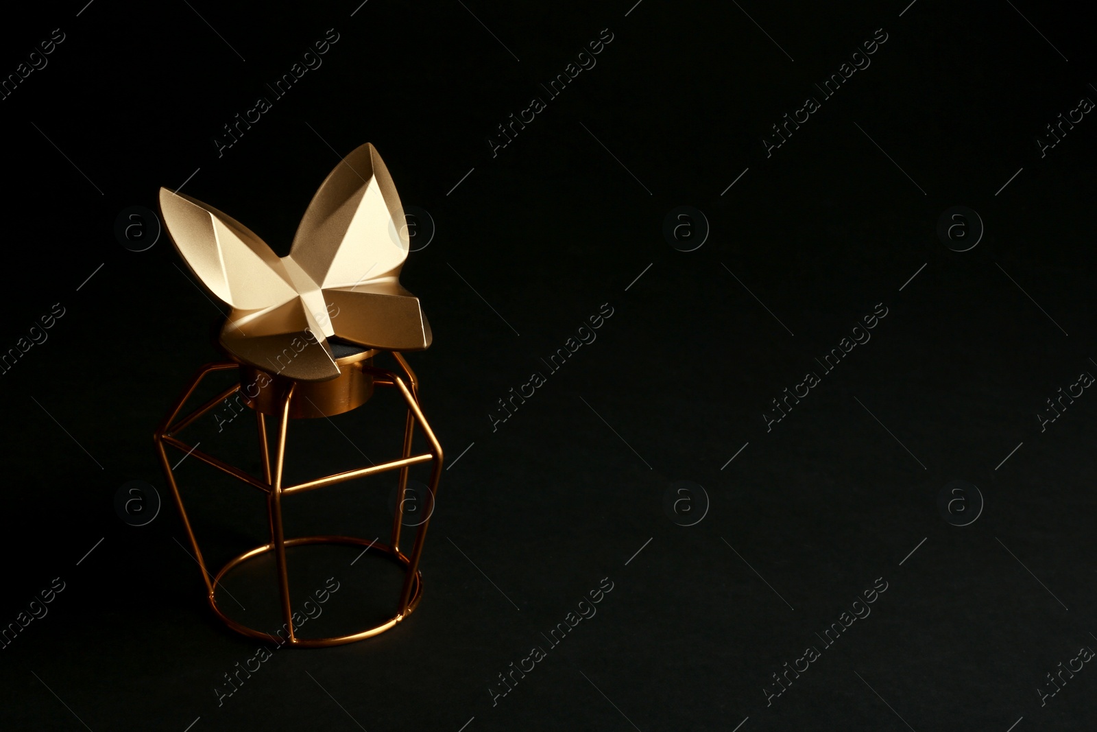 Photo of Composition with decorative gold butterfly on black background. Space for text