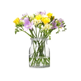 Photo of Bouquet of fresh freesia flowers in vase isolated on white