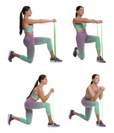 Woman doing sportive exercises with fitness elastic band on white background, collage