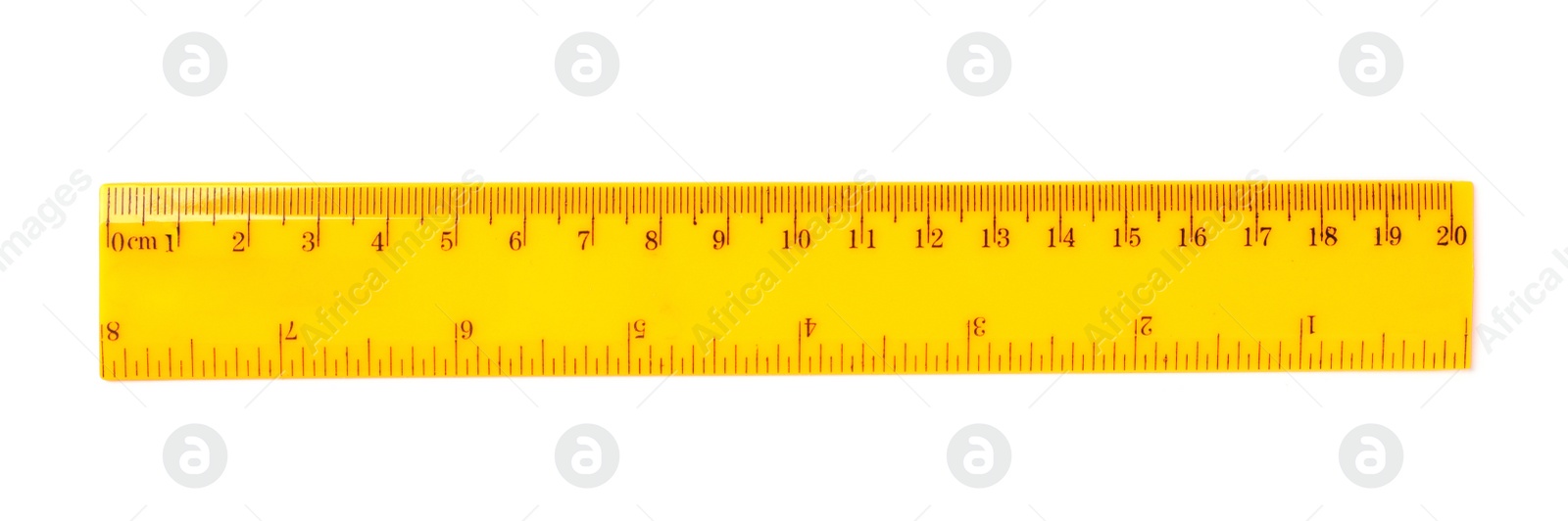 Photo of Colorful plastic ruler on white background. School stationery