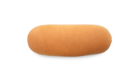 Tasty fresh bun for hot dog on white background, top view