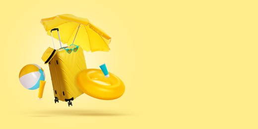 Image of Suitcase, sunscreen and beach accessories flying on pale yellow background. Banner design with space for text