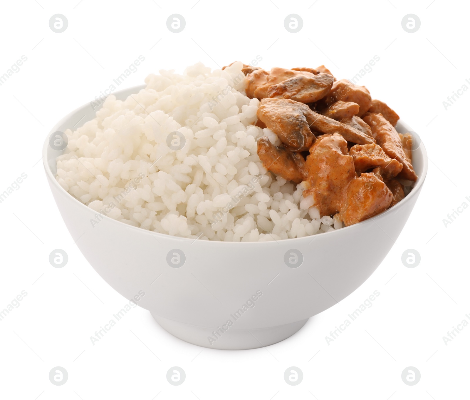 Photo of Bowl of delicious rice with meat and mushrooms isolated on white