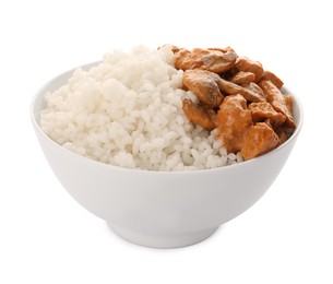 Photo of Bowl of delicious rice with meat and mushrooms isolated on white