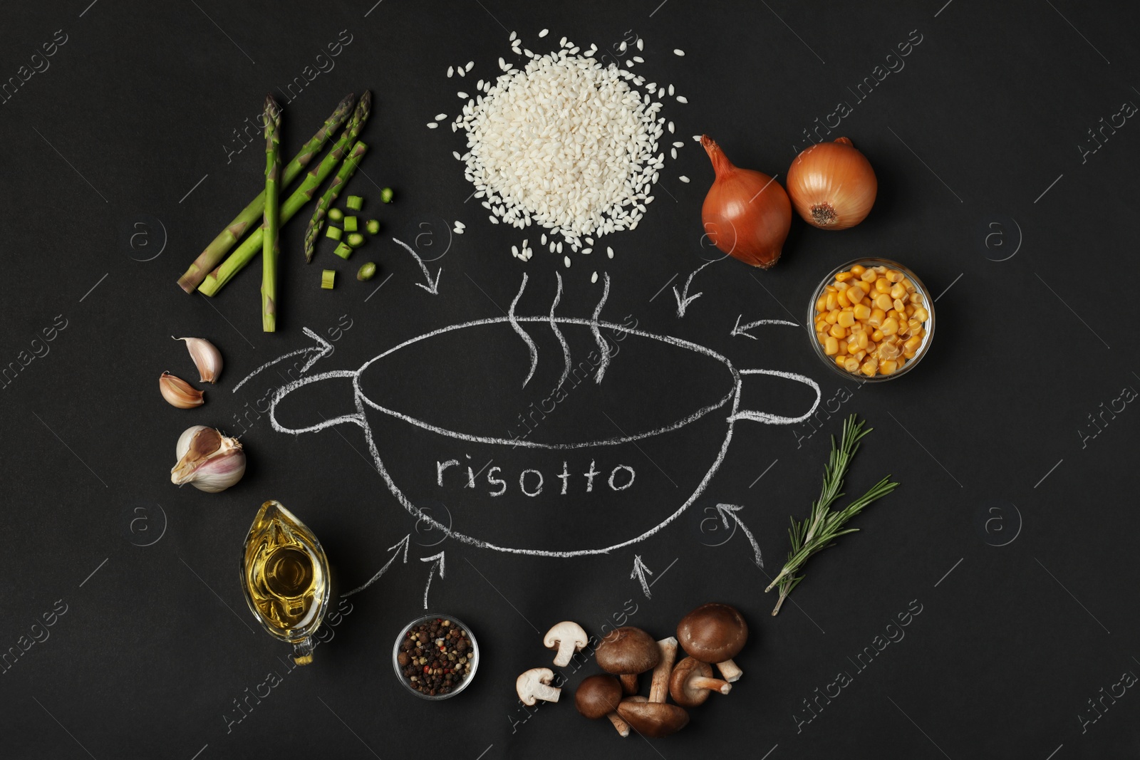 Photo of Flat lay composition with different ingredients on black background. Risotto recipe