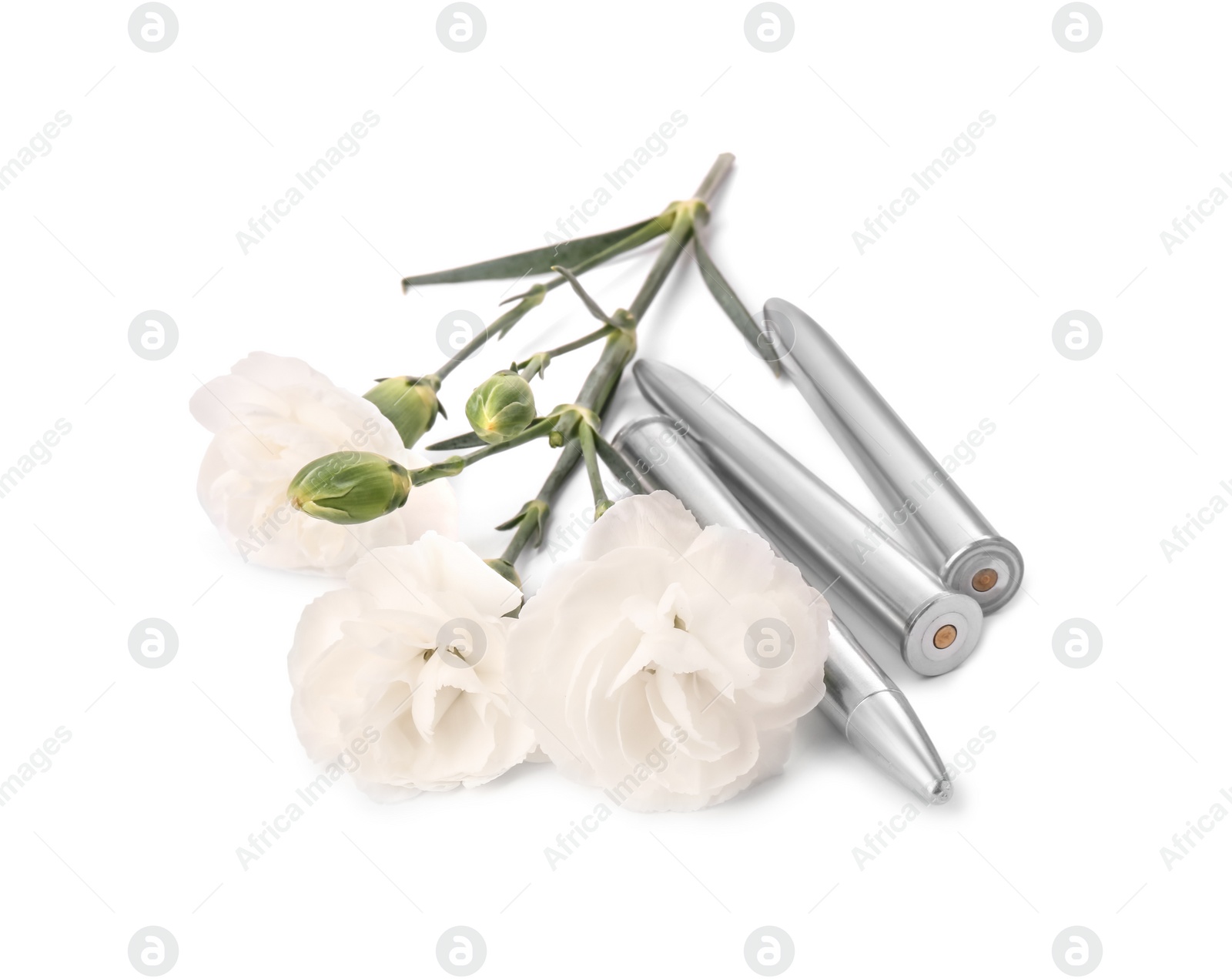 Photo of Bullets and beautiful flowers isolated on white