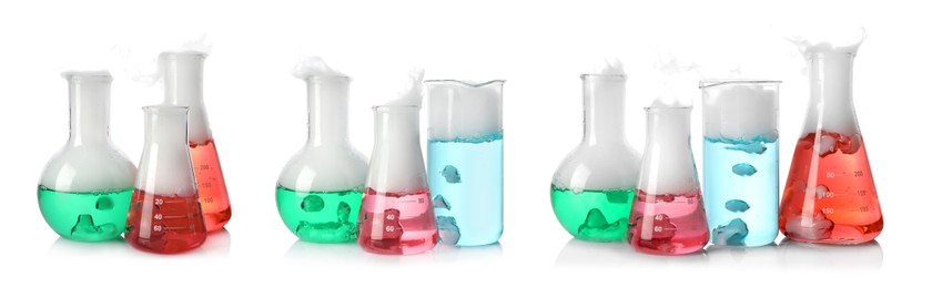 Image of Set of laboratory flasks and beakers with colorful liquids on white background. Chemical reaction