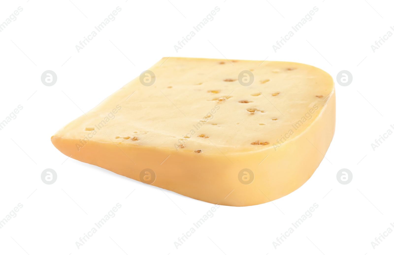 Photo of Piece of tasty cheese with fenugreek isolated on white