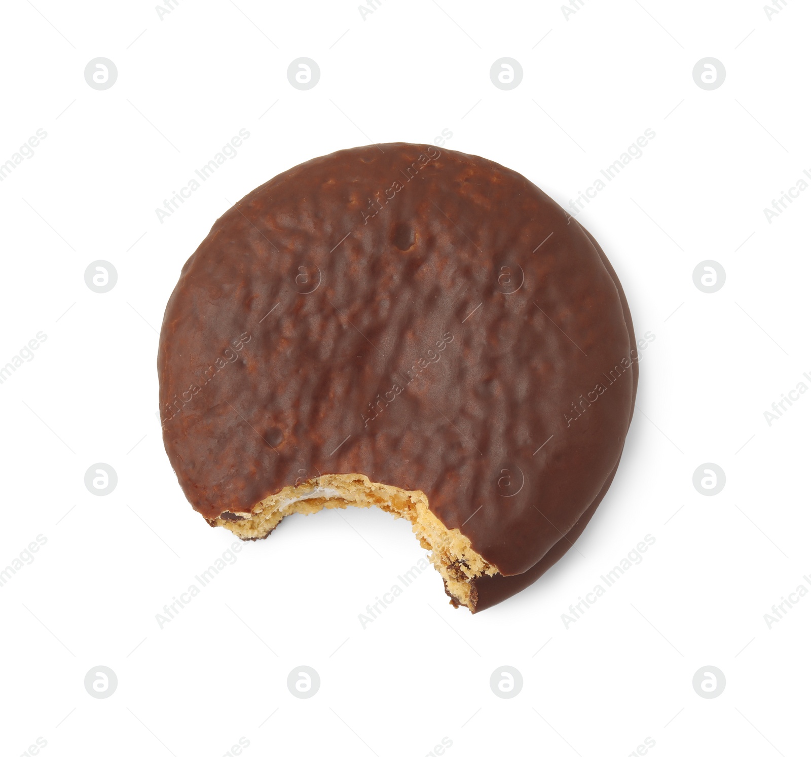 Photo of Tasty bitten choco pie isolated on white, top view