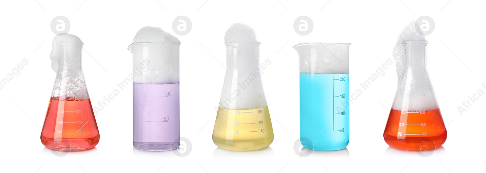 Image of Set of laboratory flasks and beakers with colorful liquids on white background. Chemical reaction