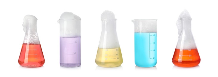 Image of Set of laboratory flasks and beakers with colorful liquids on white background. Chemical reaction