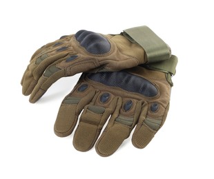 Photo of Tactical gloves on white background. Military training equipment