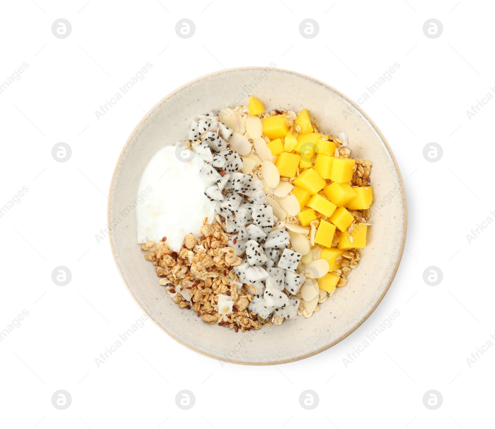 Photo of Bowl of granola with pitahaya, mango and yogurt isolated on white, top view