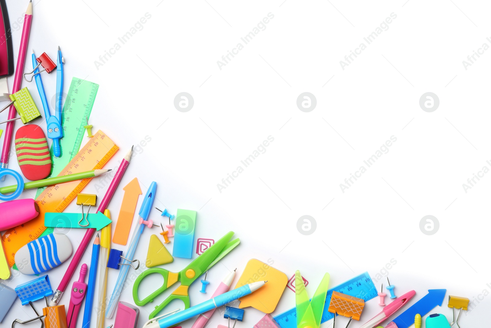 Photo of Composition with different school stationery on white background