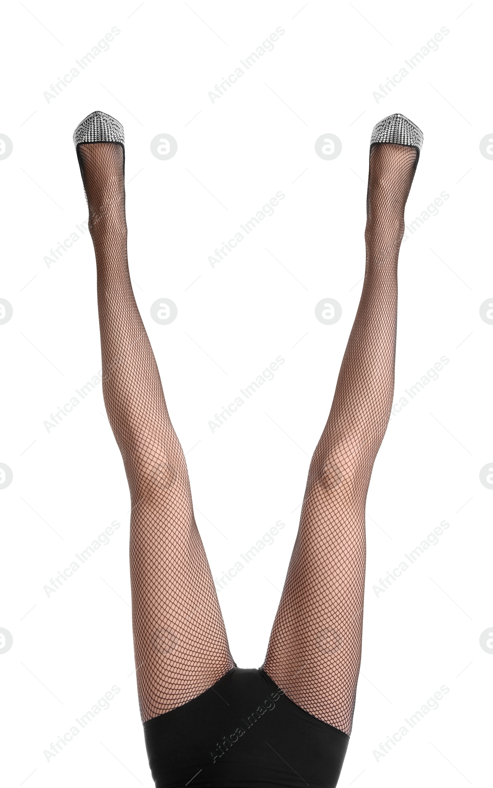 Photo of Woman wearing black tights and stylish shoes isolated on white, closeup of legs