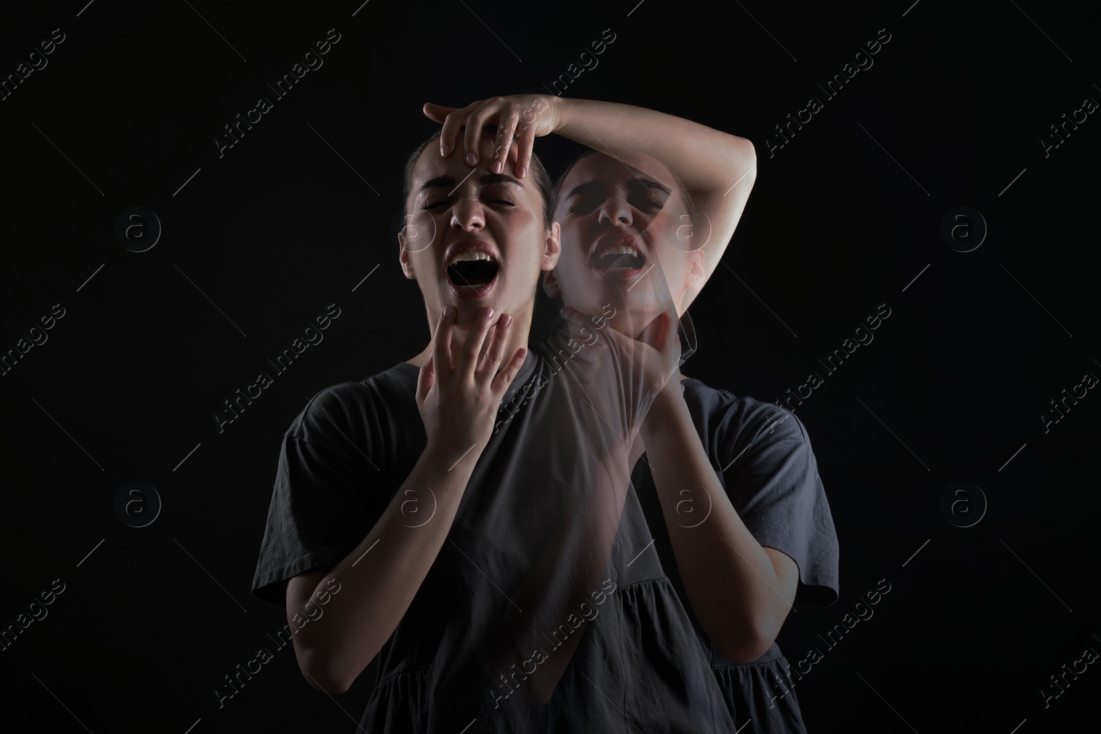 Image of Woman with personality disorder on dark background, double exposure 
