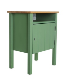 Photo of Green small cabinet on white background. Furniture for wardrobe room