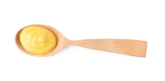 Delicious mustard in wooden spoon isolated on white, top view