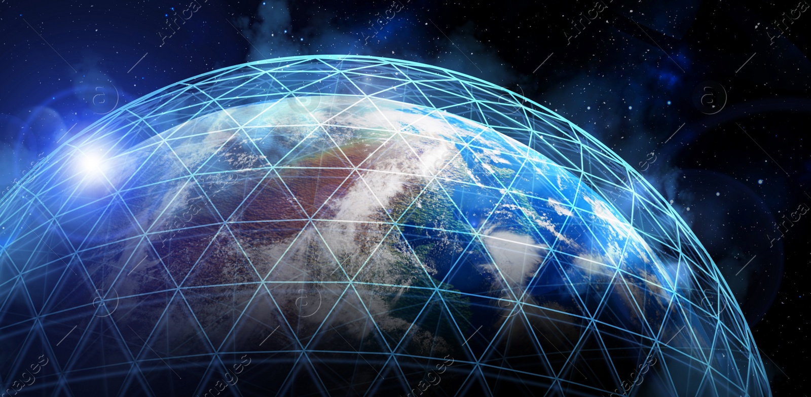 Image of Global network connection. Earth in open space and digital web, illustration