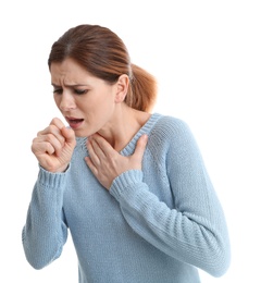 Photo of Woman suffering from cough isolated on white