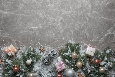 Flat lay composition with Christmas decorations on marble background, space for text. Winter season