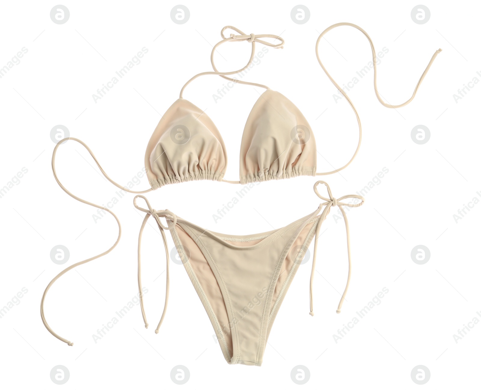 Photo of Stylish beige bikini on white background, top view