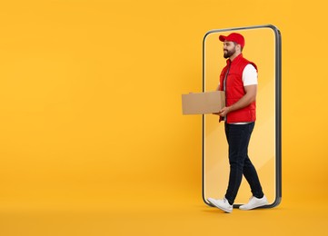 Image of Courier with parcel walking out from huge smartphone on orange background. Delivery service. Space for text