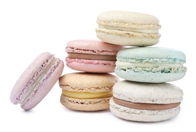 Photo of Different delicious colorful macarons on white background