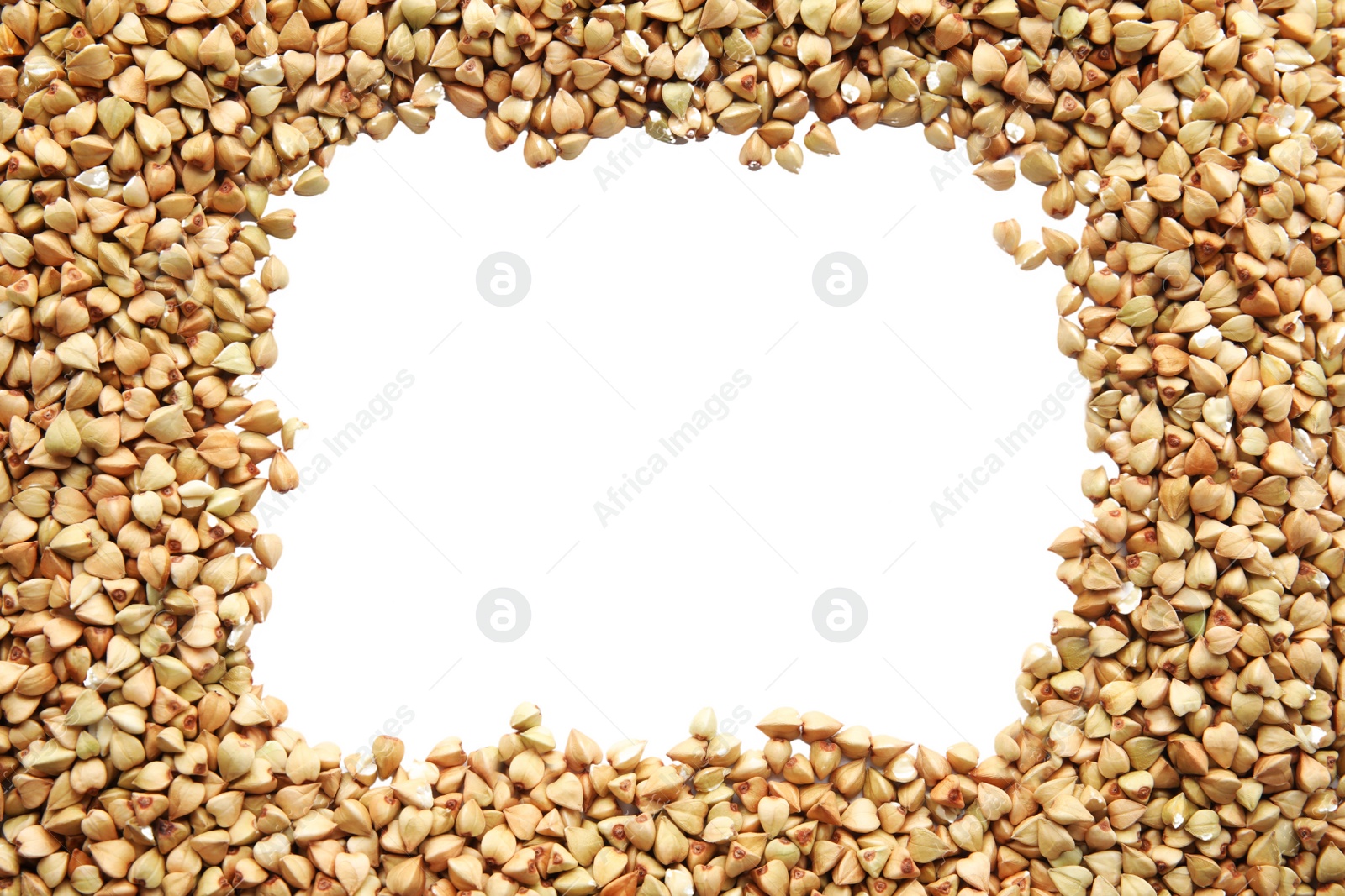 Photo of Frame made with green buckwheat on white background, top view