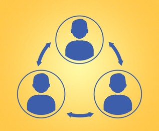 Human icons connected with double arrows on golden background, illustration. Multi-user system